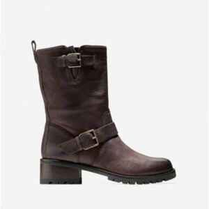 Cole Haan Hemlock Brown Leather Boho Biker Moto Buckle Chunky Boots Size 9